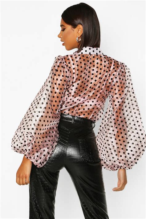 Organza Polka Dot Balloon Sleeve Blouse Boohoo Plastic Skirt Polka Dot Balloons Trendy Face