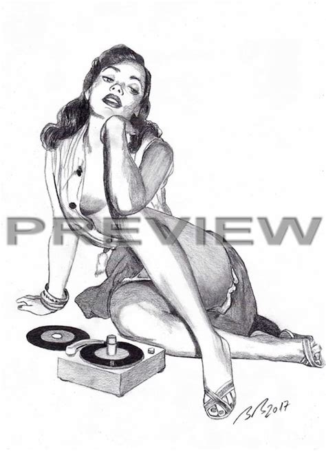 Print Of Pin Up Girl Graphite Pencil Drawing Sizes Available Etsy