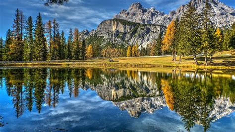 Download 1920x1080 Lake Trees Reflection Italy Dolomites Mountains