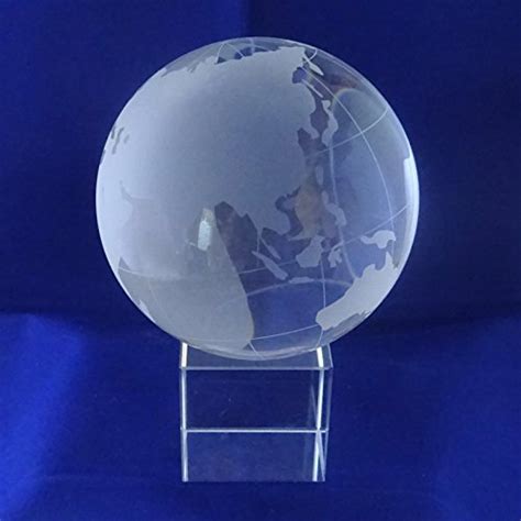 Etched Crystal World Globe On Clear Glass Crystal Cube Stand Statue