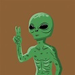 Green Alien hand drawn vector illustration. Martian showing peace sign ...