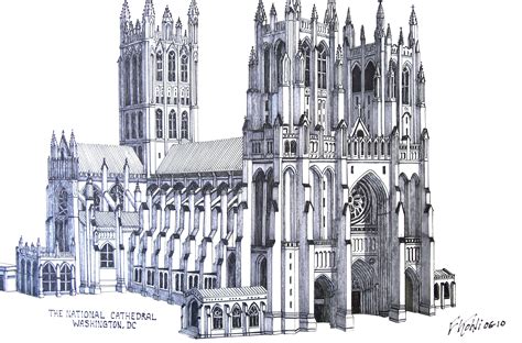 National Cathedral Pen And Pencil Drawing By Frederic Kohli Of The