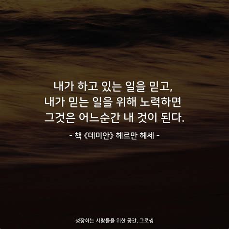 내가 하고 있는 일을 믿고 내가 믿는 일을 위해 노력하면 그것은 어느순간 내 것이 된다 책 《데미안》 헤르만 헤세 그로씽