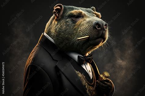 Gangster Animal In A Black Three Piece Suit And Smoking Golden Cigar