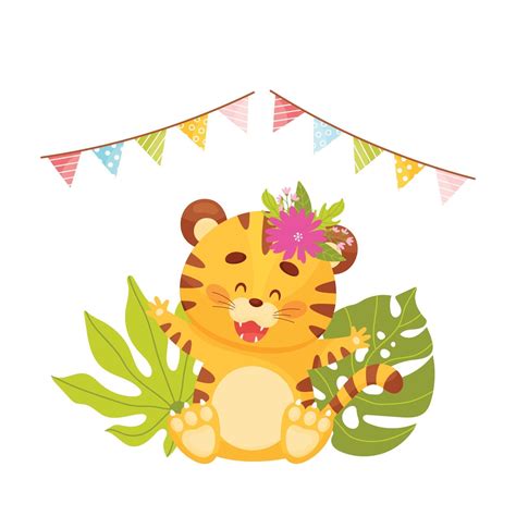 Cute Cartoon Happy Little Tiger In The Jungle Vector Illustration
