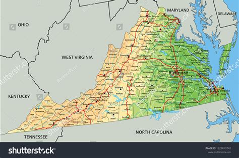 High Detailed Virginia Physical Map Labeling Stock Vector Royalty Free
