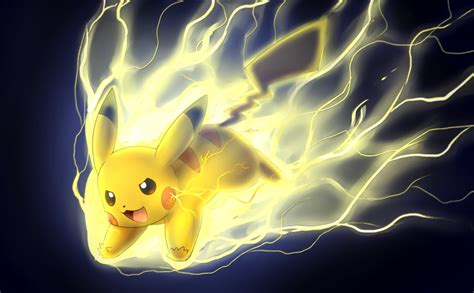 A Cartoon Pikachu Flying Through The Air With Lightning In Its Back