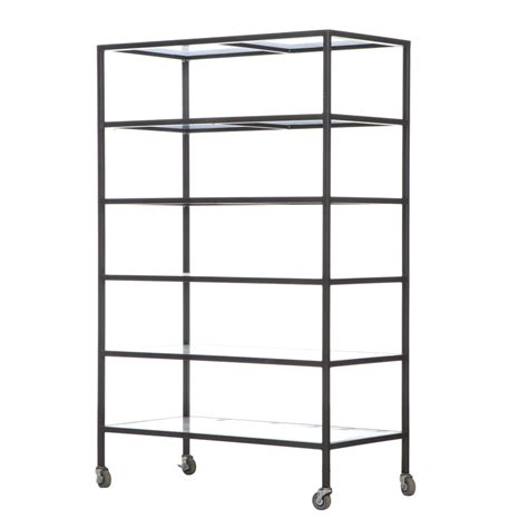 Industrial Style Metal Shelving Unit With Glass Shelves And Casters Ebth Metal Shelving Units
