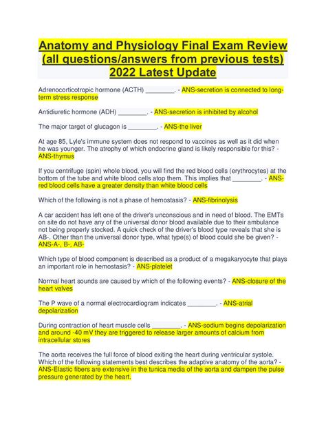 Anatomy And Physiology Final Exam Review All Questionsanswers From Previous Tests 2022 Latest