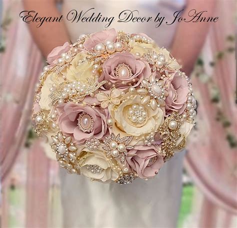 Dusty Rose Mauve And Ivory Jeweled Bouquet Rose Gold Brooch Bouquet
