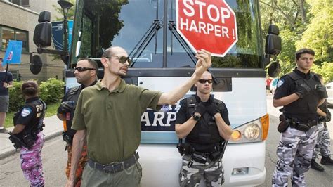 Stephen Harper Greeted By Protesters At Mount Royal Election Kick Off