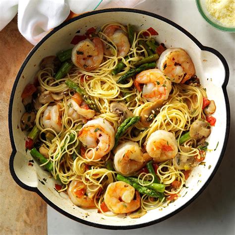 Yep, the long, skinny pasta has gotten a bad rap in the past…but we're not really sure why. Asparagus 'n' Shrimp with Angel Hair Recipe | Taste of Home
