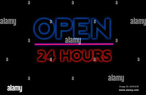 Neon Sign Animation Open 24 Hours On A Black Background Blue Neon Sign