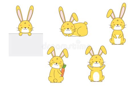 Set Of Sweet And Cute Yellow Bunny Rabbits Stock Vector Illustration