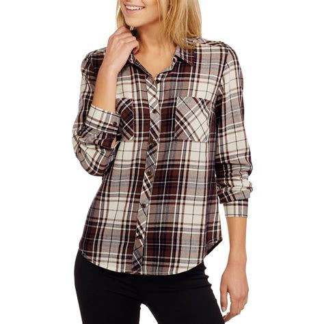 Faded Glory - Women's Long Sleeve Classic Button Front Plaid Shirt with 