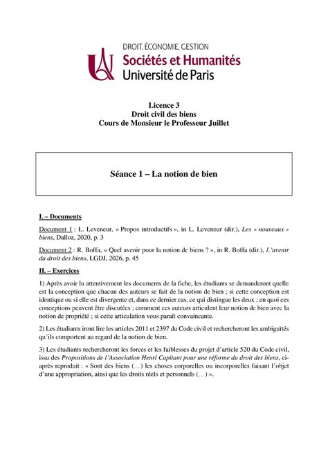 DCB TD1 Fascicule De TD Licence 3 Droit Civil Des Biens Cours De