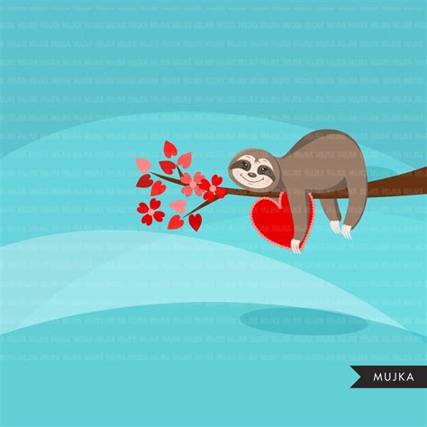 Valentines Day Sloth Clipart Cute Sloth Graphics Sloth Etsy Uk