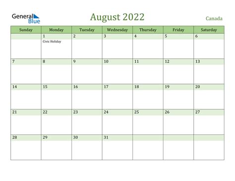 Canada August 2022 Calendar With Holidays