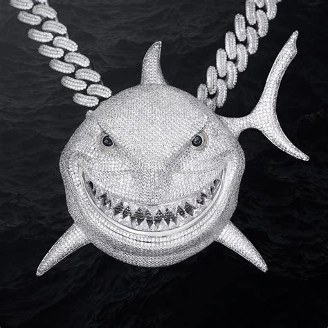 5a Cz Stone Bling Iced Out Big Shark Pendants Necklaces Vessful