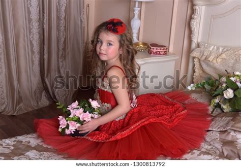 Portrait Little Girl Princess Red Dress Stock Photo 1300813792