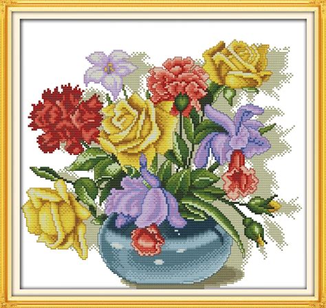 colorful flowers cross stitch kit flower 14ct printed fabric canvas stitching embroidery diy