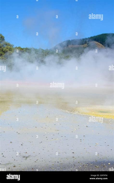 Geothermal Landscape With Hot Boiling Mud And Sulphur Springs Due To