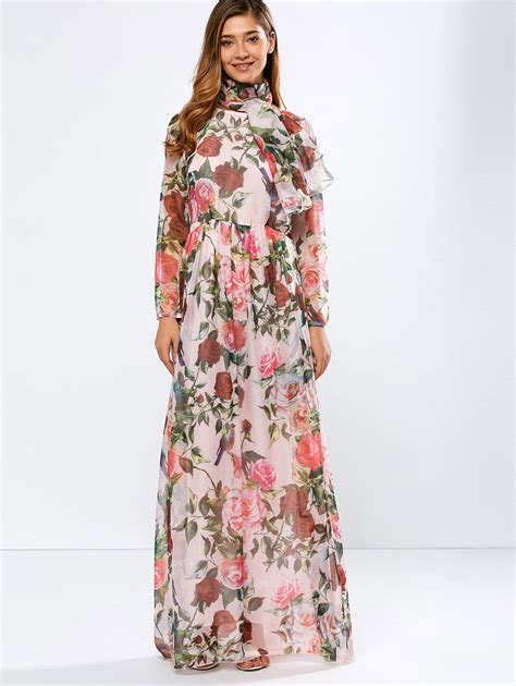 28 Off Vintage Chiffon Long Sleeve Floral Print Floor Length Maxi Prom Dress Rosegal