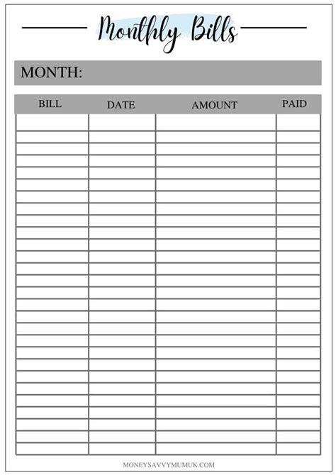 Printable Monthly Bill Tracker