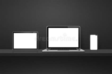 Laptop Mobile Phone And Digital Tablet Pc On Black Wall Shelf