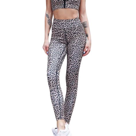 Klv Women High Waist Yoga Leopard Print Splice Legging Running Sports Pants Trouser Mallas Mujer