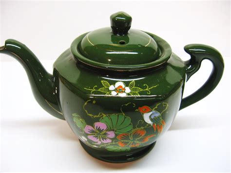 vintage green teapot made in japan flowers and bird design tea pots teapots and cups