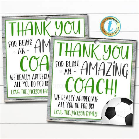 Soccer Coach Gift Tag School Sports Team Appreciation Thank You To An