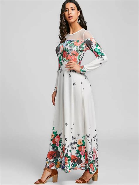 Zaful Long Sleeve Women Bohemian Beach Dresses Mesh Insert Floral Printed Maxi Long Dress Women