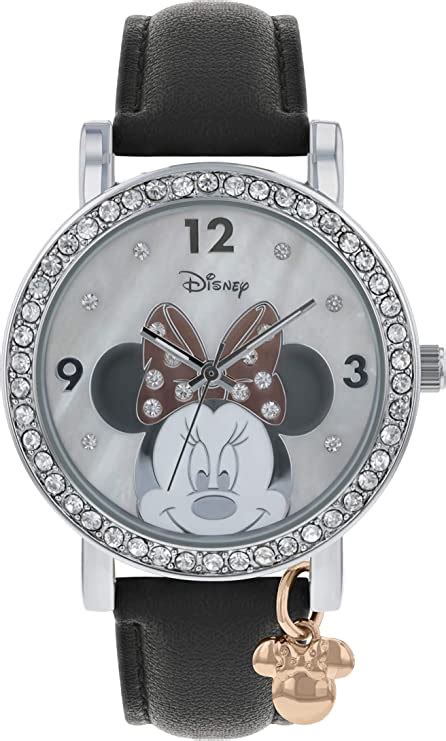 Disney Minnie Mouse Womens Analogue Charm Watch With Black Leather