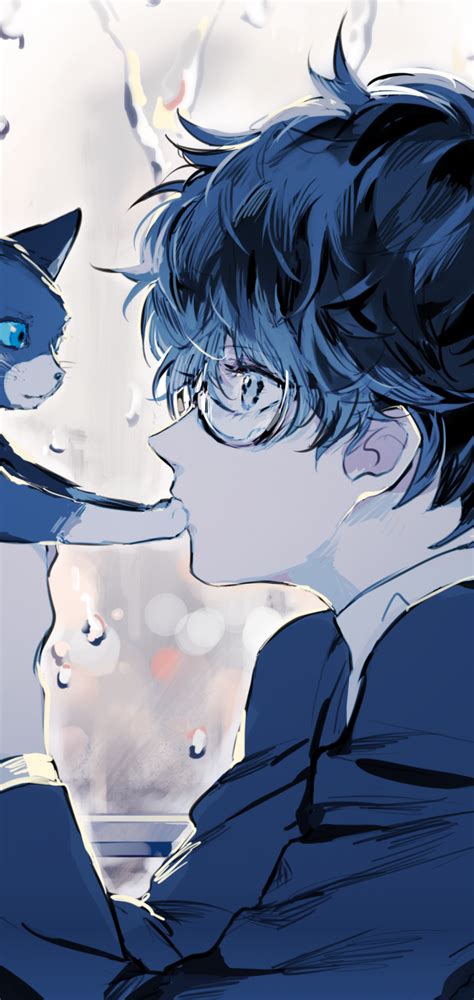 Download 1440x3040 Persona 5 Kurusu Akira Anime Boy Cat Glasses