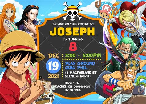 One Piece Birthday Invitation Pirates Parties 4 X 6 Or 5 X 7
