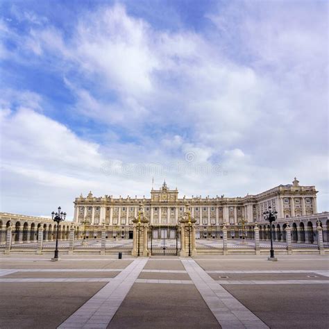 Main Facade Of The Royal Palace Of Madrid With Its Huge Esplanade And