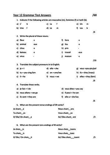 Year 12 French Vocabulary And Grammar Progress Tests With