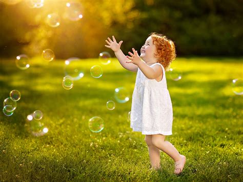 Wallpaper Happy Child Girl Play Bubbles Summer Grass