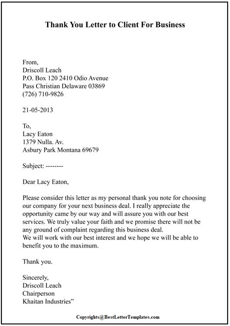 Thank You Letter Template To Client Sample And Example Best Letter