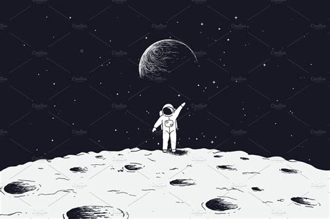 Astronaut Stand On Surface Of Moon Pre Designed Illustrator Graphics