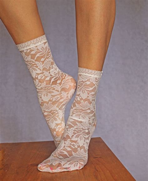Lace Socks Beautiful Ivory Floral Design Ankle Socks Womens Socks Lace Trim By