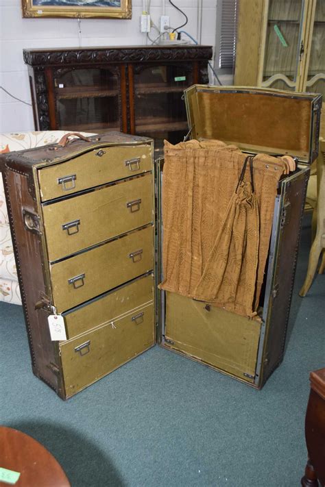 Antique Wardrobe Steamer Trunk Fitted With Drawers And Hangers And