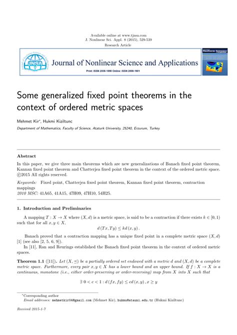 Pdf Some Generalized Fixed Point Theorems In The Context Of Ordered