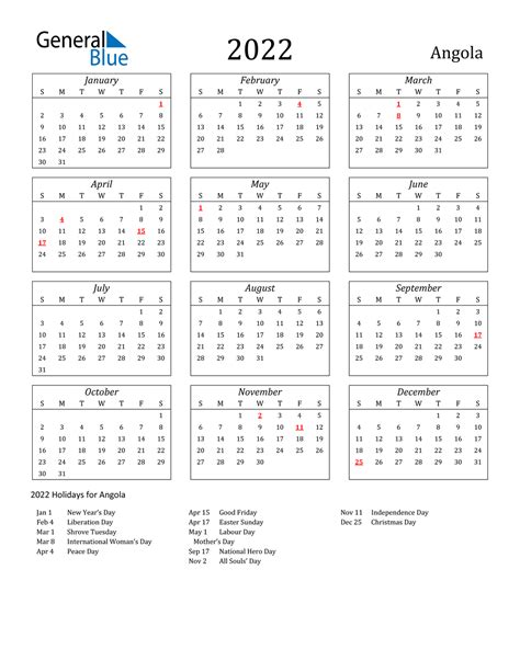 2022 Angola Calendar With Holidays Free Printable Year 2022 Calendar