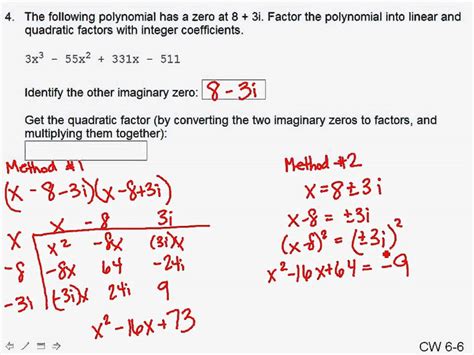 Factorising cubic equations is as easy as the steps shown in a tutorial on how to factorise polynomials of degree 3 (cubic functions). CW 6-6 (Q4) Cubic Polynomial into Quadratic and Linear ...