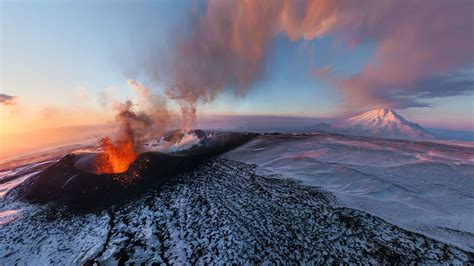 Nature Landscape Volcano Eruption Kamchatka Russia Winter Snow