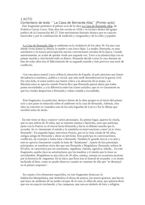 Comentario De Texto La Casa De Benarda Alba Apuntes De Filología