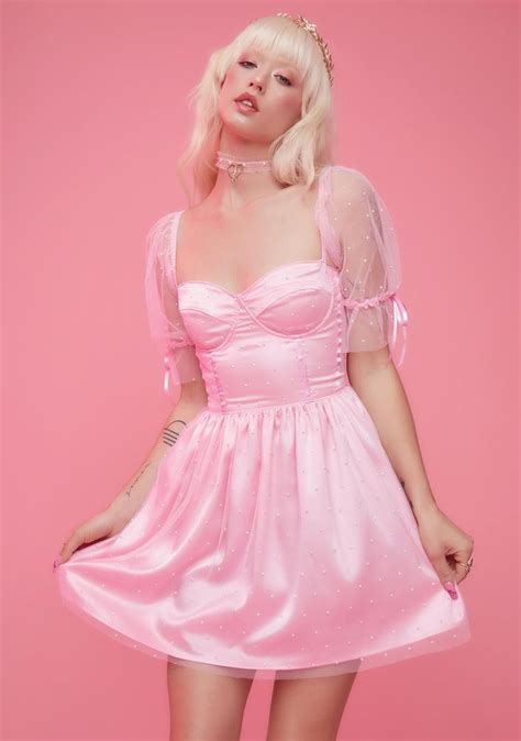 Sugar Thrillz Rhinestone Mesh Puff Sleeve Babydoll Dress Light Pink
