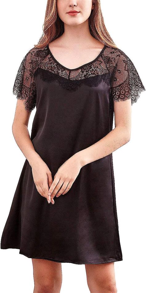 lu s chic women s silky nightgowns lace nightdress knee length short sleeve satin nightshirt